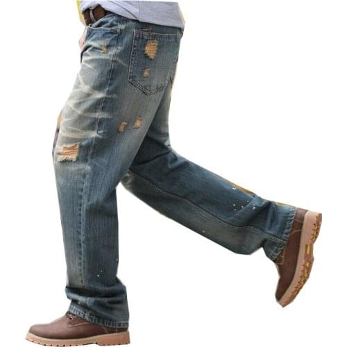 Mens loose jeans ripped large size wide leg jeans hip-hop streetwear blue striped jeans