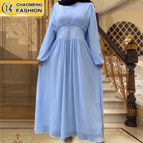 Elegant Women Big Swing Chiffon Dress Dubai Muslim Abaya Islamic Casual Long Sleeve Dress Middle East Arab Fashion Women Dress