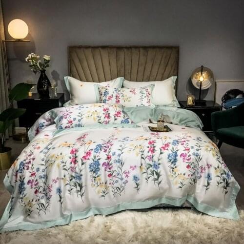 French Country Garden Rose Floral Printed On White Duvet Quilt Cover 600TC Tencel Soft Bedding Set Sheet Flat Shams 2pillow With