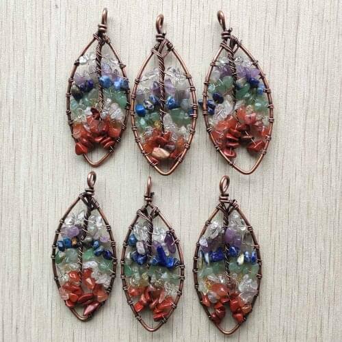 Fashion natural stone tree of life handmade wire wrapped leaf shape Pendants for jewelry accessories making Wholesale 6pcs/lot