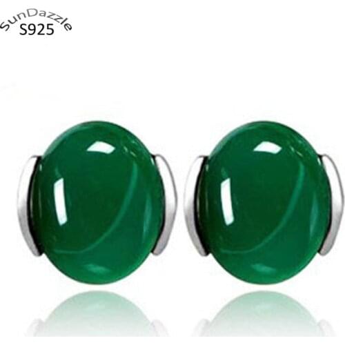 Genuine Real Pure Solid 925 Sterling Silver Stud Earrings for Women Jewelry Green Elegant Gem Stone Chrysoprase Female Earrings