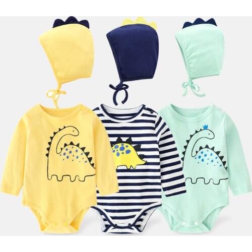 New Baby Boy Cotton Long Sleeve Bodysuit with Cap Toddle Boy Dinoser 1piece Body Overall Infant Cute Clothes Born 3m 6m 9m Gift