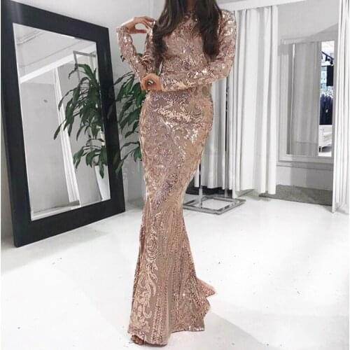 Sequined Maxi Dress Long Sleeved O Neck Gold Black Stretch Party Dress Floor Length Evening Party Dresses Gowns