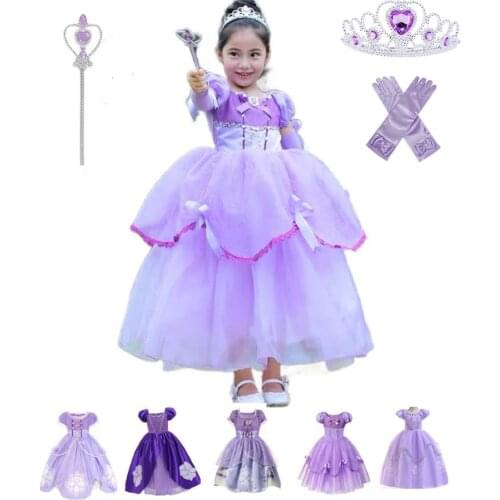SofiaPrincess Girls Dress Kids Cosplay Costume Puff Sleeve Layerd Child Christmas Halloween Party Birthday Sophia Holiday