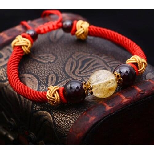 Dropship Handwoven Lucky Red Rope Bracelet Natural 12mm Titanium Crystal Golden Rutilated Quartz Women Fashion Bracelet Jewelry