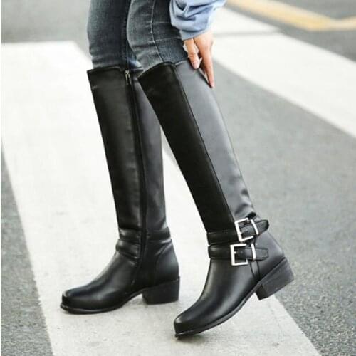 PXELENA Rome Buckle Knee High Riding Knight Boots Women Round Toe Square Low Heels Long Boots Ladies Shoes Combat Vintage 34-43