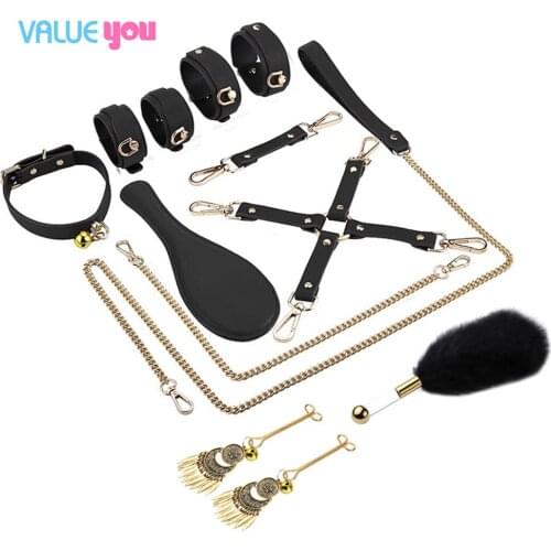 Sexy SM leather new suit couple training flirting bondage hand and handcuffs breast clip adult products