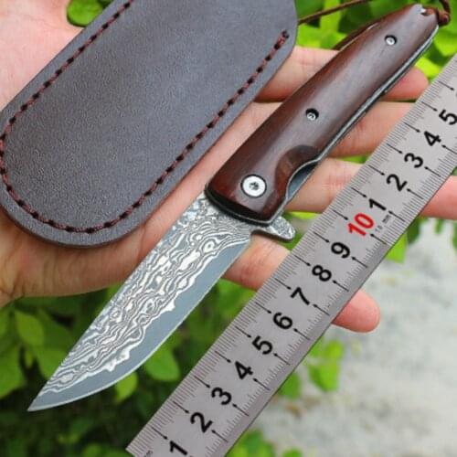 KESIWO Damascus Blade Natural Sandalwood Handle Folding Knife Pocket Survival Camping Hunting Rescue Outdoor Fishing EDC Knife