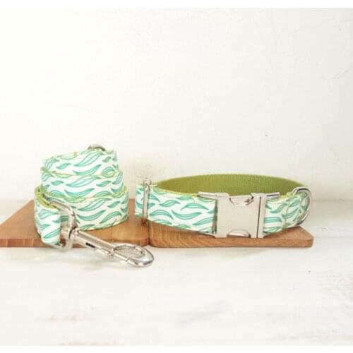 Customized Dog Collar Engraved Puppy ID Tag Leash Collar Set Adjustable Outdoor Fashion Print Pet Collar Leash FLOATING LEAVES