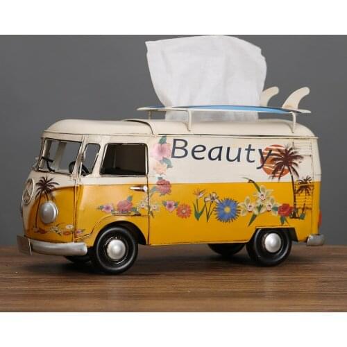 Vintage Iron Art Bus Model Tissue Box Bus Figurines Retro Van Car Design Napkin Dispenser Holder Home Decoration Ornament Crafts