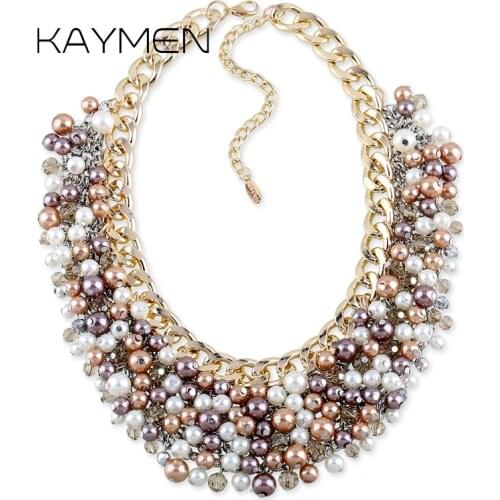 Handmade Glass Crystal with Imitation Pearl Necklace Handmade Golden Bib Statement Choker Necklace Party Jewelry Bijoux 1541