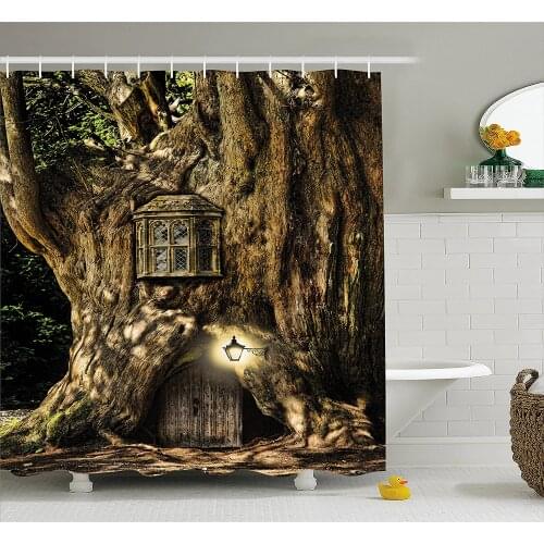 Fantasy Shower Curtain Fairytale House in Tree Trunk in Forest with Lanterns Folk Stories Themed Bath Curtains For Bathroom