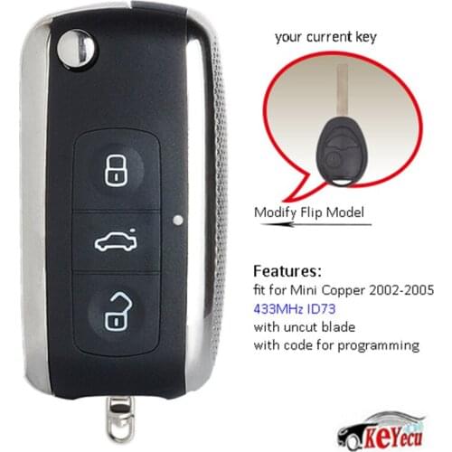 KEYECU Replacement Upgraded Flip Remote Car Key Fob 315/433MHz Optional ID73 for BMW Mini Copper R50 R53 2002-2005