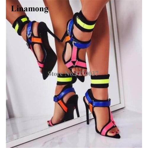 Women Brand Design Pointed Open Toe Mixed-colors Stiletto Heel Gladiator Sandals Ankle Wrap Buckle High Heel Sandals Dress Heels