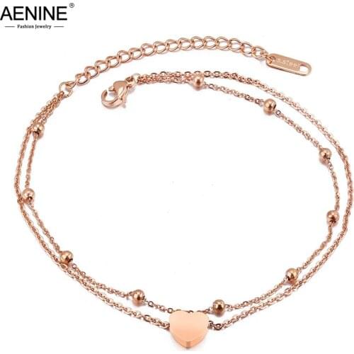 AENINE Fashion Bohemia Double Layer Stainless Steel Heart Charm Bracelets For Women Rose Gold Chain & Link Bracelet AB18197