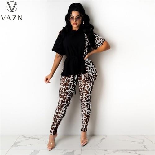 VAZN 2021 Special Leopard Sexy Short Sleeve O-neck 2 Piece Set Striped Print 2pcs Set Women Long Sleeve Top And Pant Summer