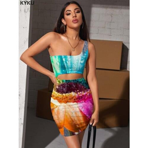 KYKU Sunflower Dress Women Colorful Pleating Raindrop Bodycon Dress Romantic 3d Print Womens Clothing Summer Short Beach Fashion