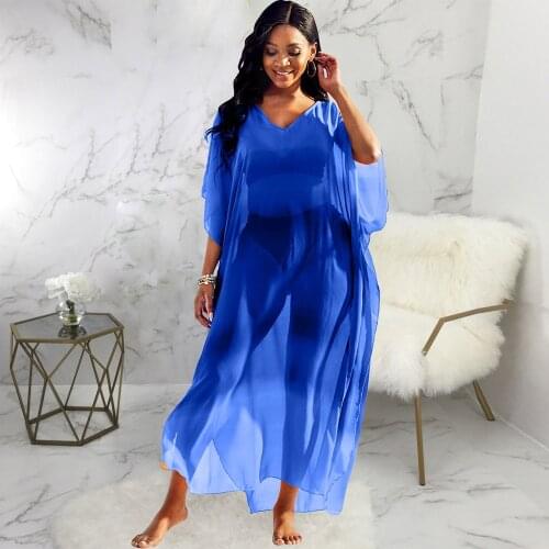 Black White Blue Chiffon Sun Protection Beach Dress Summer Dress for Women Deep V Neck Half Sleeve Side High Split Loose Dress