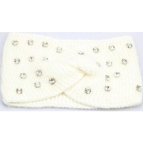 2020 New Girls Winter Stones Fuzzy Knit Headband Hair Accessory Turban Women Ivory Headwear Clear Glass Rhinestone Headband