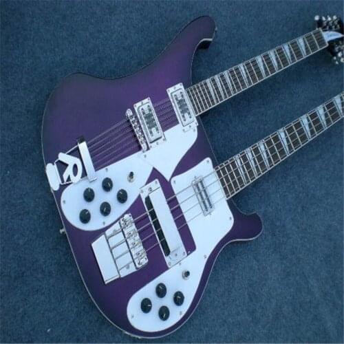 2021! Free shipping double neck bass guitar,4 strings bass 12 strings guitar,purple black body,white pickguard,neck set in body