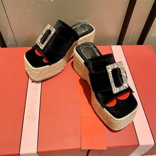 2021 Summer Slippers Platform Wedges High Heels With Bling Rhinestone Ladies Casual Slides Square Toe Luxury Designer Quality