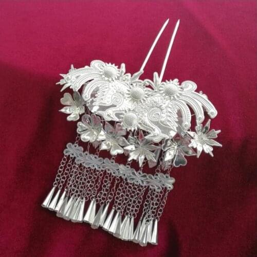 Miao silver Hair accessories for women Tassel hairpin 15*18CM Hmong headwear