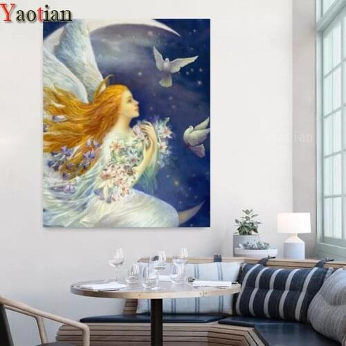 Full Drill Square Round 5D Diamond Painting DIY Diamond Embroidery Kits Needlework Moon Angel Girl Elf Pigeon Decorations Home