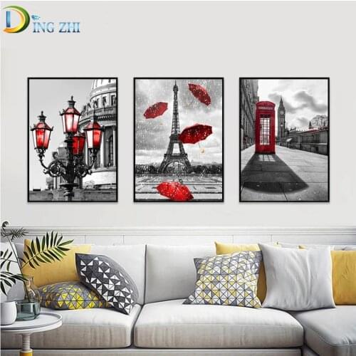 Black And White Tower Red Umbrella Diamond Painting Paris Street Wall Art Decorative Embroidery Mosaic Triptych Cross Stitch Kit
