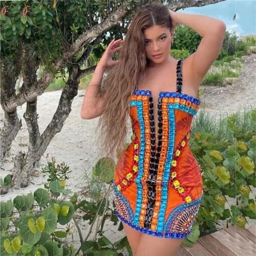 High Quality Orange Sexy Spaghetti Straps Slip Mantual Beading Sparkly Rayon Bandage Dress Elegant Club Party Dress Vestidos
