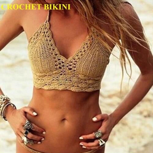 CROCHET BIKINI 2021 Sexy Top Handmade Knit Crochet Crop Top Women Summer Swimwear Camisoles Push Up Beach Tanks Halter Yoga Bras