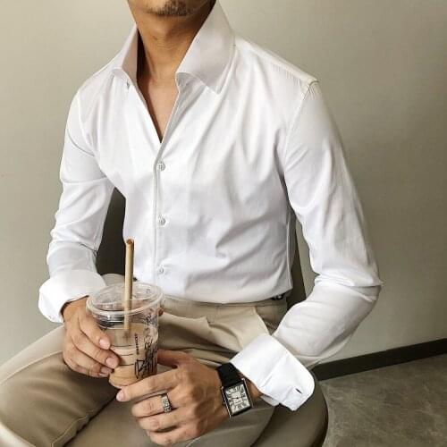 British Mens 2020 Large Collar Design Shirt Fashion Korean Style Long Sleeve Solid Color Stand Collar Shirt Light Mature Shirt