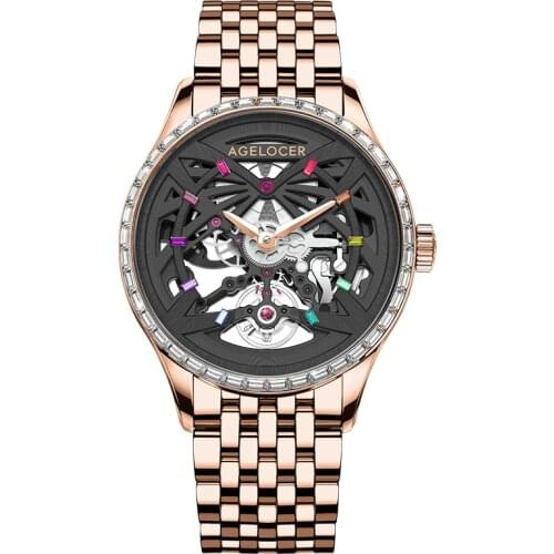 AGELOCER Mechanical Watches Men Sapphire Skeleton Diamond Gold Watch Waterproof 41mm Watches For Men Bracelet Watch Reloj Hombre
