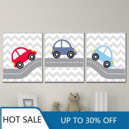 Kid Room Decor Cartoon Wall Art Canvas Painting Posters Baby Boy Nursery Wall Decor Pictures Car Prints Red Blue Colorful Car