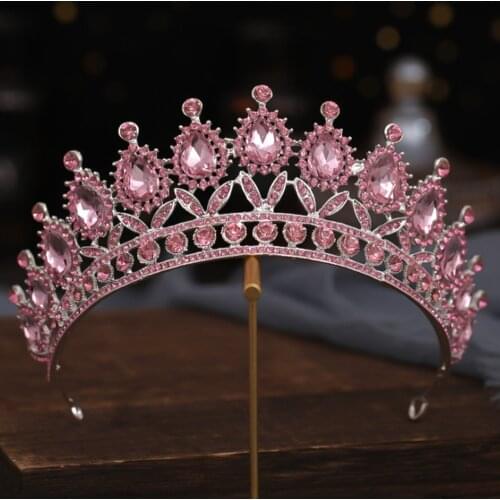 DIEZI Fashion Gold Color Pink Crystal Crown Bride Tiara Queen For Wedding New Luxury Crown Headpiece Hair Jewelry Accessories