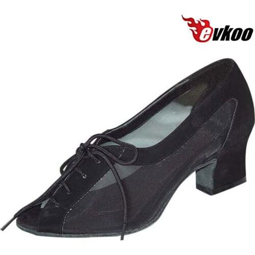 Evkoodance Nubuck Black And Khaki Color Sexy Mesh Decoration 4.5cm Heel Height Hot Sale Low Heel Ballroom Dance Shoes Evkoo-059
