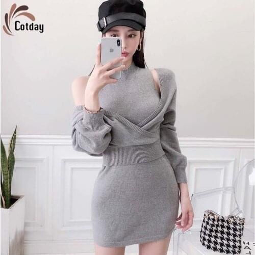 Cotday Strapless Bat Sleeves 2021 Spring New Two-Suit Design Women Clothing Vintage Ladies Sexy Bag Hip Knitted Dress For Women