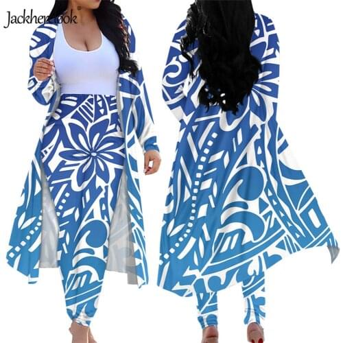 Jackherelook Women Clothing 2 Piece Polynesian Tribal Samoas Hibiscus Print Cardigan Long Bodycon Pants Casual Slim Fit Outfits