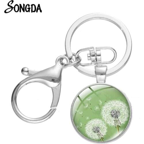 Dandelion Painting Key Ring Holder Nordic Style Simple Printed Glass Round Key Chain Women Bag Charm Car Keychain Christmas Gift