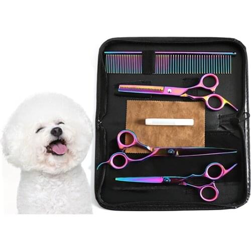 Pet Dog scissors Set Professional pet grooming kit, direct and thinning scissors and curved pieces 4 pieces,color scissors