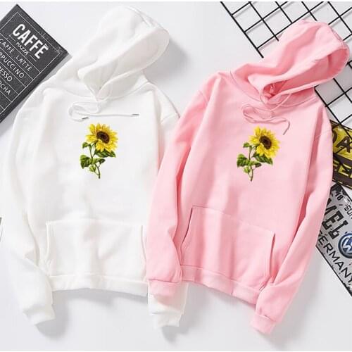 Autumn Hoodies Sweatshirt Women Harajuku Streetwear Sunflower Print Hooded Winter Plus Velvet Pullovers Kawaii Korean Mujer Tops
