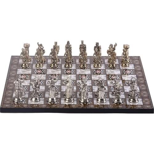 Ottoman vs Byzantine Figures Metal Chess Set, Handmade Pieces and Mosaic Design Wooden Chess Board King 6 cm