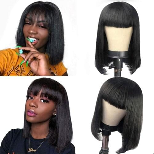 Human Hair Wigs With Bangs Short Bob Human Hair Wigs For Black Women Cheap Peruvian Straight Black 30 Inch Long Fringe Wig