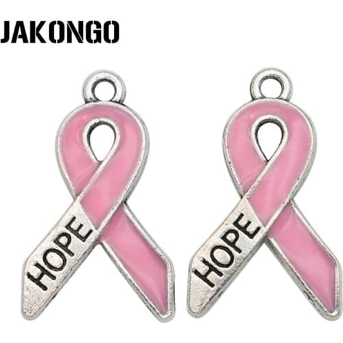 JAKONGO Antique Silver Plated Enamel Breast Cancer Ribbon Hope Charms Pendant fit Jewelry Making Accessories DIY Craft 24x14mm