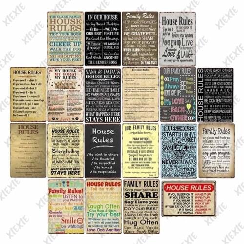 Family Rules Tin Signs Metal Warning Letter Retro Poster Plaque Wall Sticker Art Iron Painting Decor for Bar Club Shop Garage