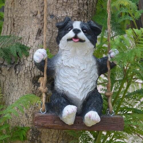 Resin Swing Puppy Sculpture Pet Art Statues Garden Ornament Home Decoration Hang On Tree Decorative Pendant Indoor Outdoor Decor