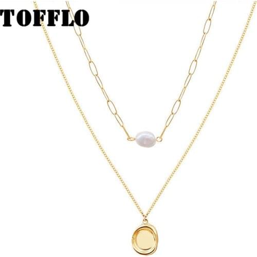 TOFFLO Stainless Steel Jewelry Concavoconvex Pendant Double Layered Freshwater Pearl Necklace Fashion Clavicle Chain BSP831