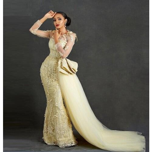 Major Beading Aso Ebi Evening Dresses Illusion Long Sleeves Mermaid Prom Dress Tulle Side Train Lace Appliques robes de soirée