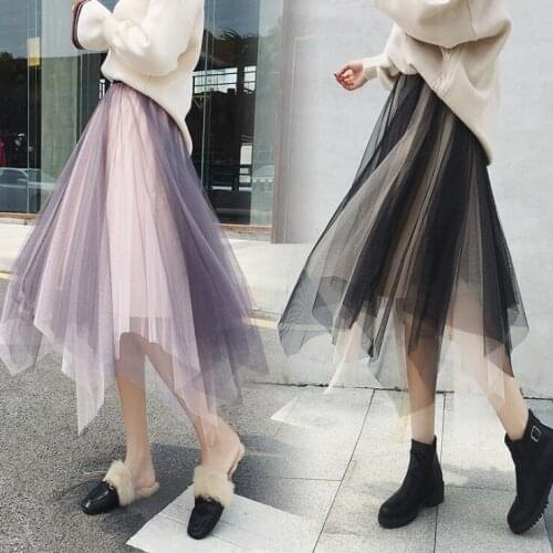 Irregular Tulle Skirt Spring Summer Black Beige Pink Contrast Color Women Skirt Long Mesh Tutu Skirt