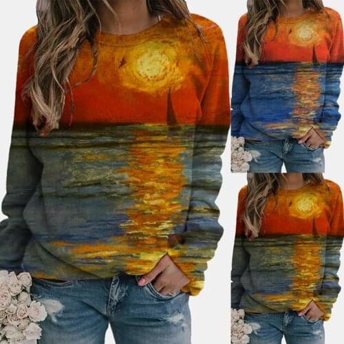 Plus Size Womens Fashion Dazzling Colors T-shirt Print Sweatshirt Long Sleeve Casual Blouse Pullover Tops Landscape Sunrise Pri