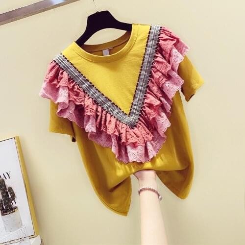 Womens O Neck Ruffles Patchwork Cotton Short Sleeves T-Shirt Tee 2020 Summer Girls Pullover Casual Tops Tees A2658